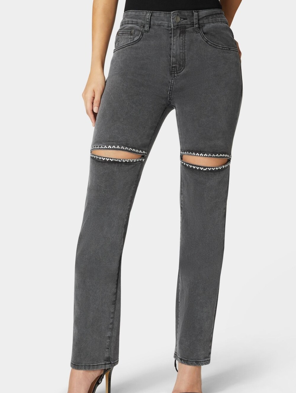 Bebe Bling Slit Jeans Gray Wash Rhinestone Side Slit Stretch Denim 26 Y2K Glam